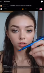 girl in black bra holding a blue pen
