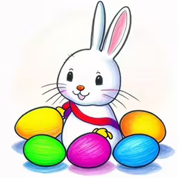 the drawing of a white rabbit with painted eggs,a colorful bunny surrounded by eggs