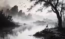 a man walking across a field to a lake