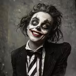 a man in costume with a creepy face and eyes