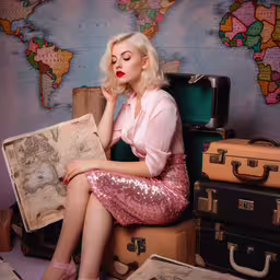 an attractive blond woman is sitting on suitcases,blonde woman in pink dress sitting on a pile of suitcases