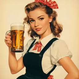a woman in black and white apron holding a glass of beer