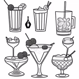a black and white image of different drinks in glasses,a line drawing of a variety of drinks