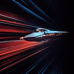 a speed train moving through a tunnel of red and blue lights