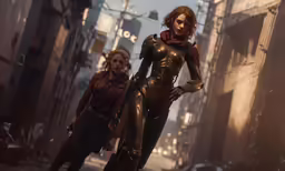 two female humanoids are walking down the street