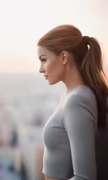 a woman with a ponytail standing on a roof