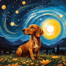 the dog is sitting in a field at night with a starry sky above it