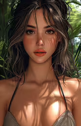 3d illustration of an animated women in a bikini,an animated nude woman with long hair posing for a photo