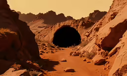 a rock mountain cave in the desert with two large rocks and a dirt path