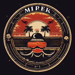 the tripping logo for an album with palm trees and an orange sunset,a round logo with an island and palm trees