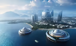 the architecturally designed building of a futuristic city in a sea