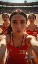 a girl in a red shirt is holding her arm out