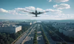 an airplane flies in the sky above a large city