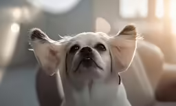 a little dog wearing a collar sitting next to someone