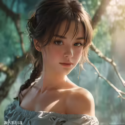 an asian girl standing in front of some trees