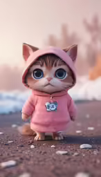 a small toy cat dressed in pink clothes