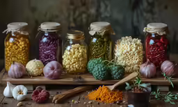 various types of food items are on a wooden table