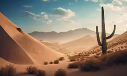 a landscape of dunes and a cactus with a cloudy sky
