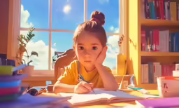 a little girl is sitting at a table with her head on her hand
