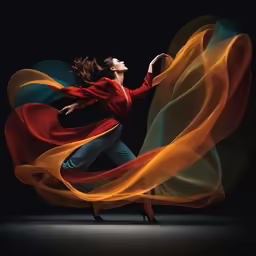 a woman with a red and yellow robe dancing