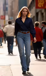 a woman is walking down the sidewalk while wearing high heels