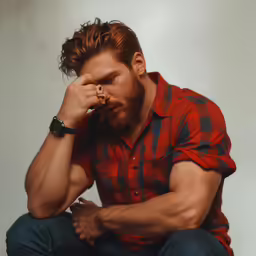 the man with the red shirt is covering his nose