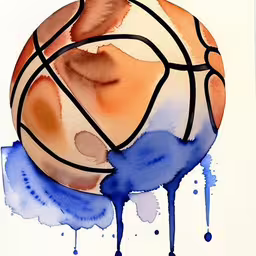 a painting of a basketball on watercolor,an abstract painting of a basketball on white paper