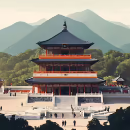 a tall building surrounded by trees with mountains in the background