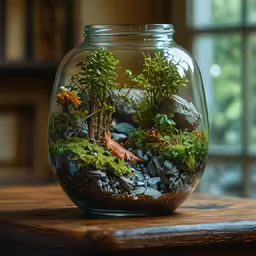 a small glass jar with some plants in it