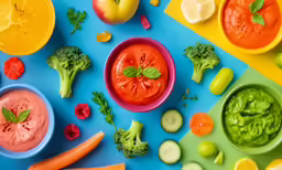 the bowls have different types of fruits and vegetables