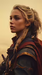a close up of a woman wearing armor with hair