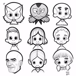 an artist creates a series of cartoon faces based on their heads,a line drawing of different people faces