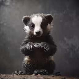 a black and white animal standing with his paw on the ground