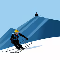 the skiing man in blue and yellow is going downhill