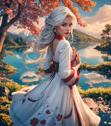 a woman is dressed in white and is holding her hand on her hips