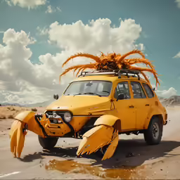 a yellow car with its wheels bent to the side