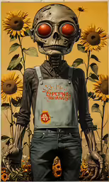 a strange humanoid with red eyes standing among sunflowers