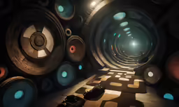 a very dimly lit tunnel with some big colorful items in it
