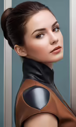 a woman is wearing a brown leather outfit with an attached collar
