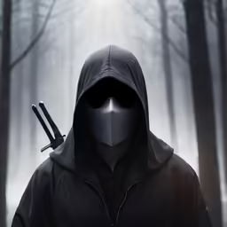 a man in a hooded black outfit with a gun and a mask