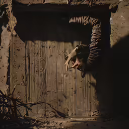 a man riding a skateboard through a wall
