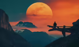 a person sitting on a wooden post in front of the sun