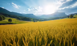 a yellow field of grass under a beautiful sky
