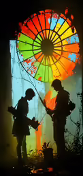 two people standing next to each other with a painted windmill behind them