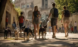 people are walking their dogs along the side walk