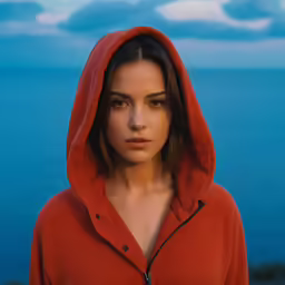 a woman with a red hoodie on stands near the ocean