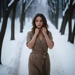 a woman wearing a trench coat in a snowy forest