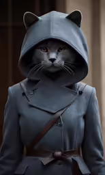 a gray cat wearing a coat and a hat