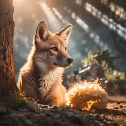 a young fox sitting in the forest looking away