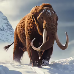 a woolly mammoth in snow boots walking in the snow